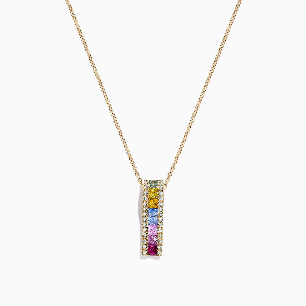The Watercolors 14K Yellow Gold Multi Sapphire & Diamond Pendant (1.17 TCW) features a vertical design with small sapphires in green, yellow, blue, and pink hues on a yellow gold chain.