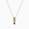 The Watercolors 14K Yellow Gold Multi Sapphire & Diamond Pendant (1.17 TCW) features a vertical design with small sapphires in green, yellow, blue, and pink hues on a yellow gold chain.