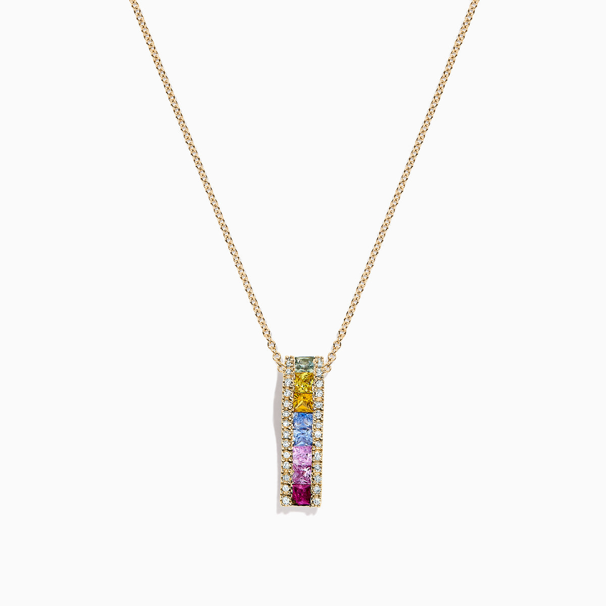 The Watercolors 14K Yellow Gold Multi Sapphire & Diamond Pendant (1.17 TCW) features a vertical design with small sapphires in green, yellow, blue, and pink hues on a yellow gold chain.