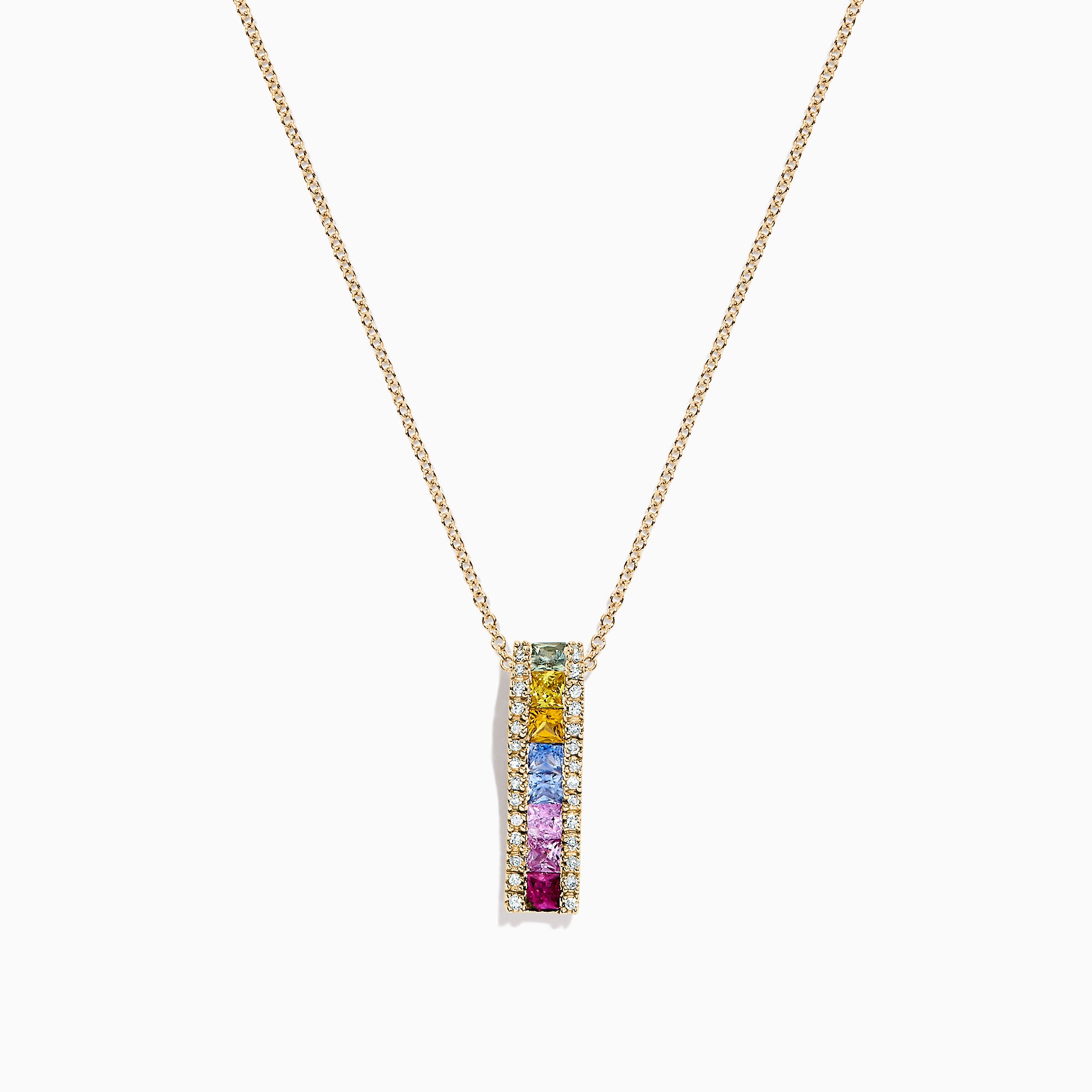 The Watercolors 14K Yellow Gold Multi Sapphire & Diamond Pendant (1.17 TCW) features a vertical design with small sapphires in green, yellow, blue, and pink hues on a yellow gold chain.