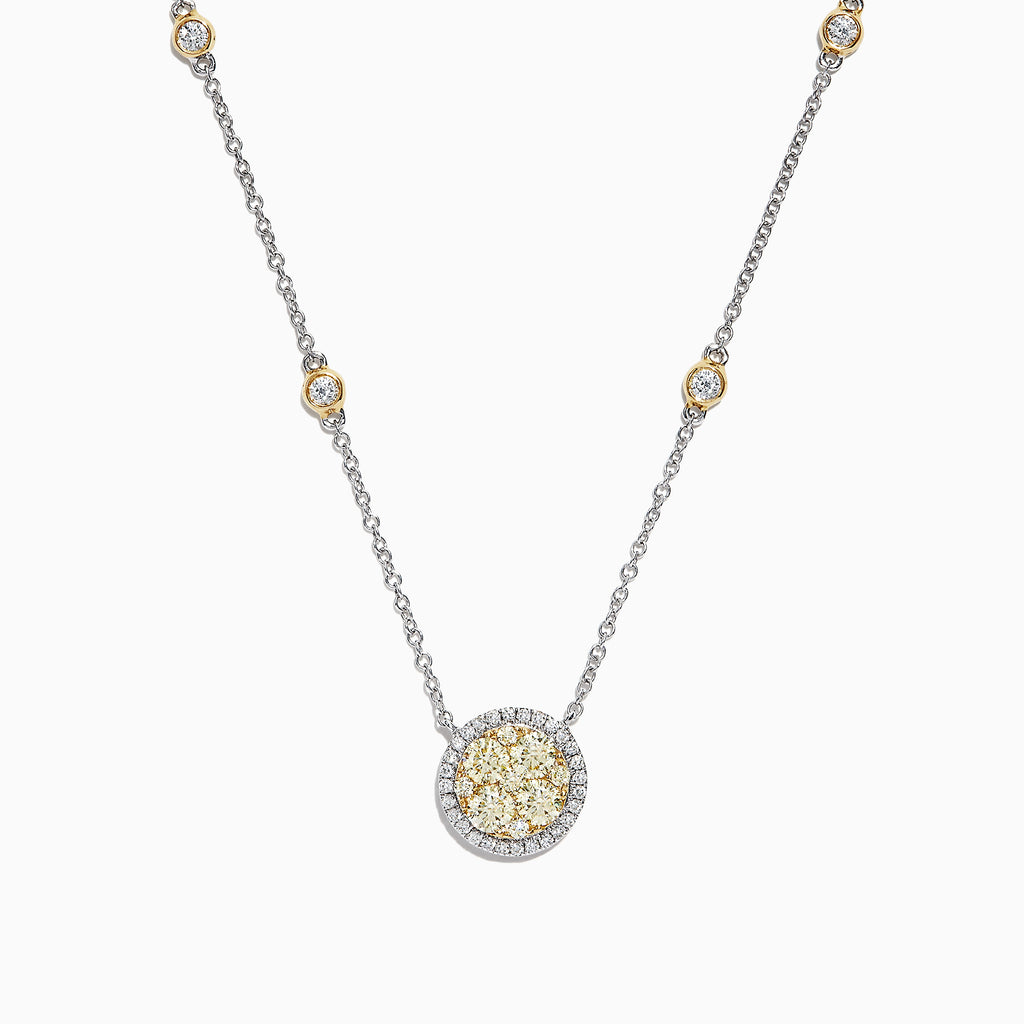 The Canare 14K Two-Tone Gold Yellow and White Diamond Station Necklace features a round pendant with clustered yellow and clear stones and yellow-accented settings along the chain.