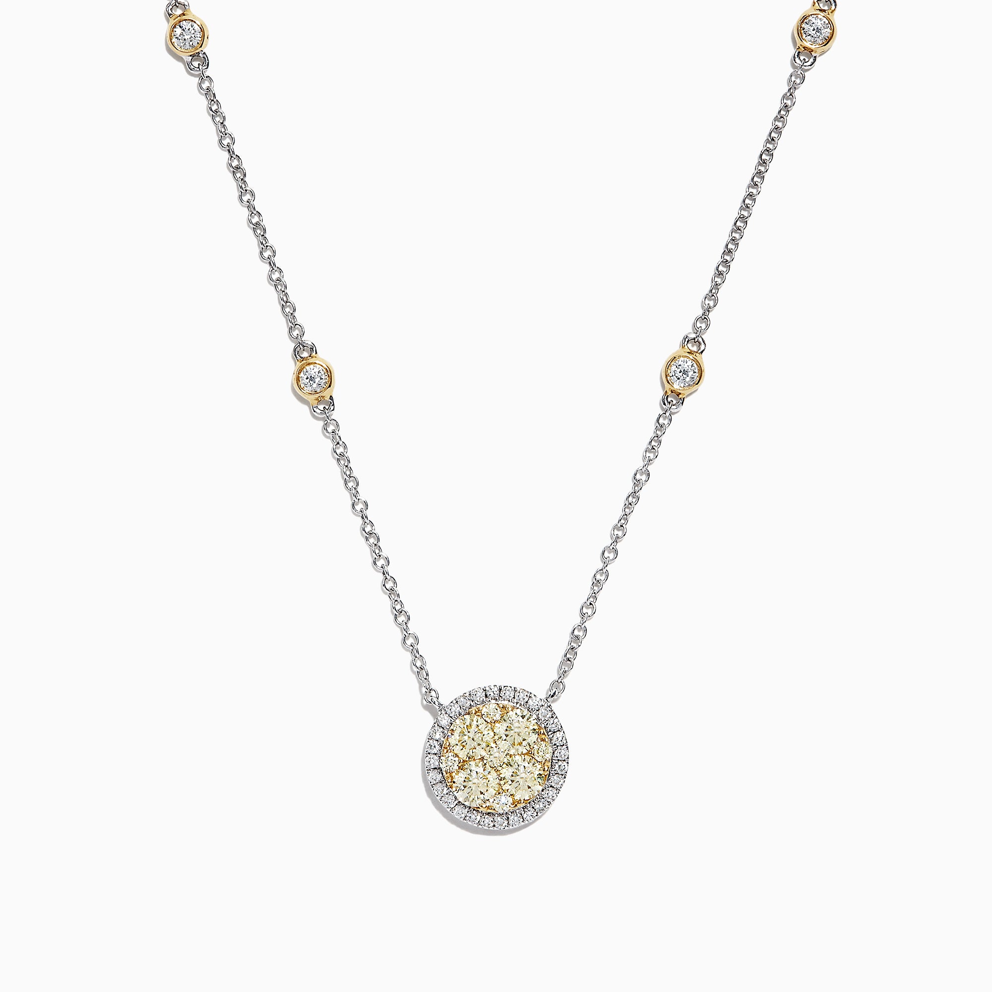 The Canare 14K Two-Tone Gold Yellow and White Diamond Station Necklace features a round pendant with clustered yellow and clear stones and yellow-accented settings along the chain.