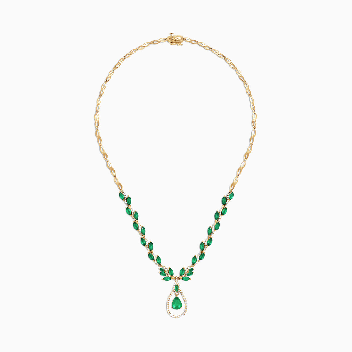 The Brasilica 14K Yellow Gold Emerald and Diamond Necklace, 9.74 TCW, features oval emeralds accented with diamonds and a central teardrop-shaped emerald pendant surrounded by a sparkling diamond halo.