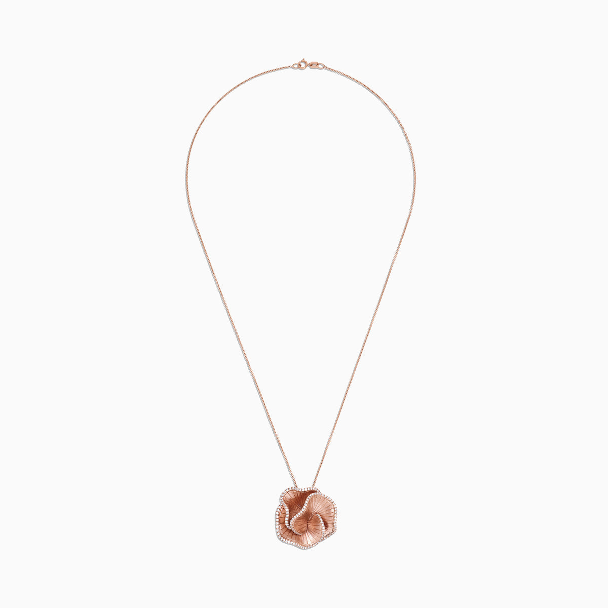 The Pave Rose 14K Rose Gold Diamond Flower Pendant, 0.85 TCW, features layered petals with sparkling pave diamond accents and hangs from a fine rose gold chain on a white background.