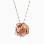 The Pave Rose 14K Rose Gold Diamond Flower Pendant, 0.85 TCW, features layered petals with sparkling pave diamond accents and hangs from a fine rose gold chain on a white background.