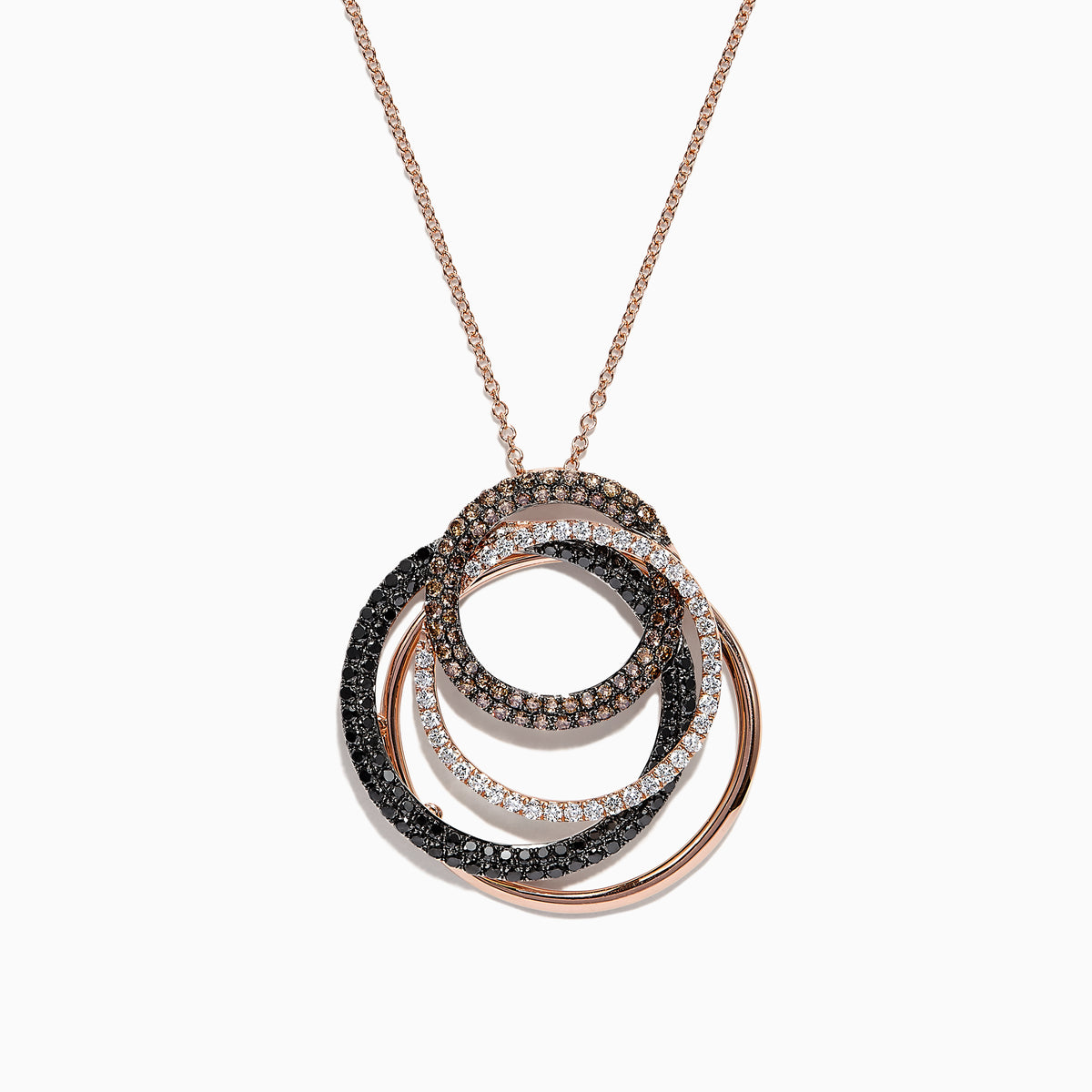 The 14K Rose Gold Espresso, Black & White Diamond Pendant (1.65 TCW) features three interlocking rings set with black and white diamonds, suspended from a delicate chain against a white backdrop.