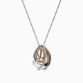 The Trio 14K Tri Color Gold Diamond Pendant (0.11 TCW) features interlocking loops in yellow, white, and rose gold with sparkling diamonds, elegantly suspended from a delicate chain.