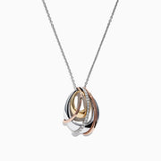 The Trio 14K Tri Color Gold Diamond Pendant (0.11 TCW) features interlocking loops in yellow, white, and rose gold with sparkling diamonds, elegantly suspended from a delicate chain.