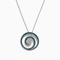A Bella Bleu 14K white gold necklace featuring a spiral pendant with blue and white diamonds, 1.18 TCW, suspended from a delicate chain.