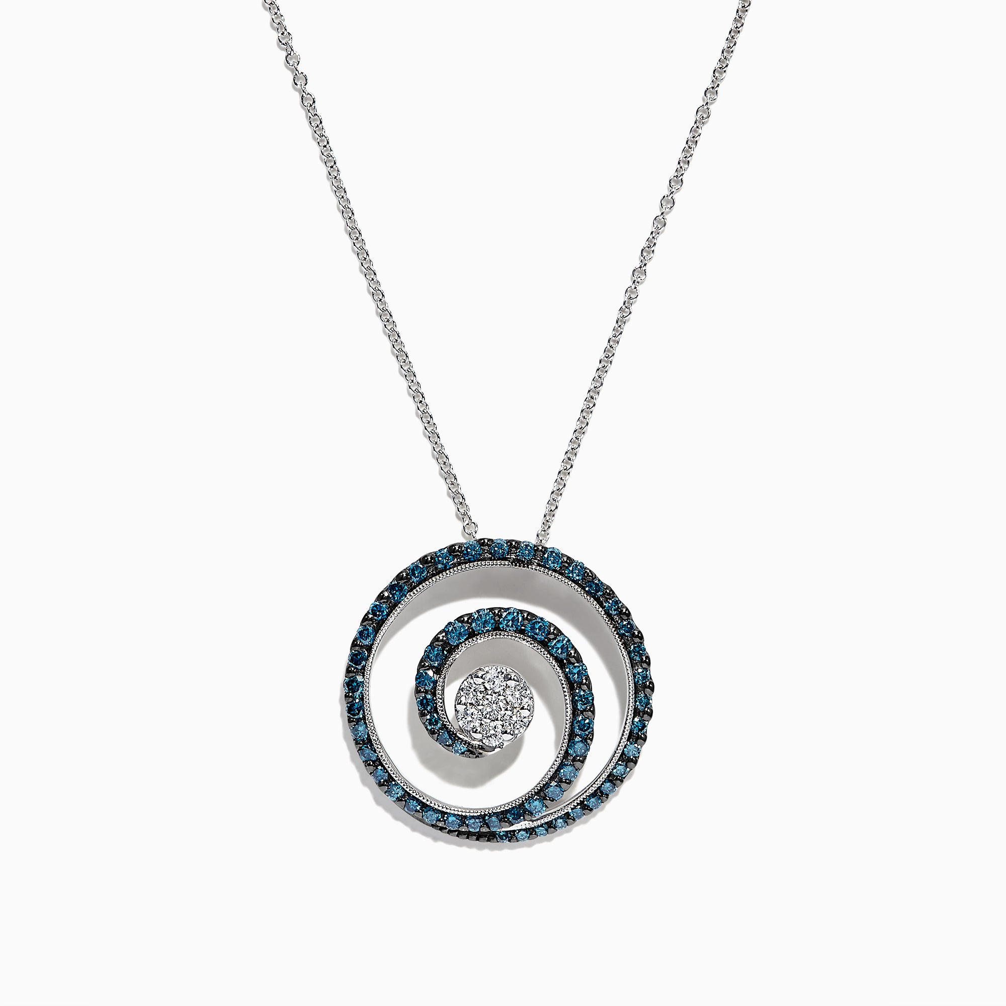 A Bella Bleu 14K white gold necklace featuring a spiral pendant with blue and white diamonds, 1.18 TCW, suspended from a delicate chain.