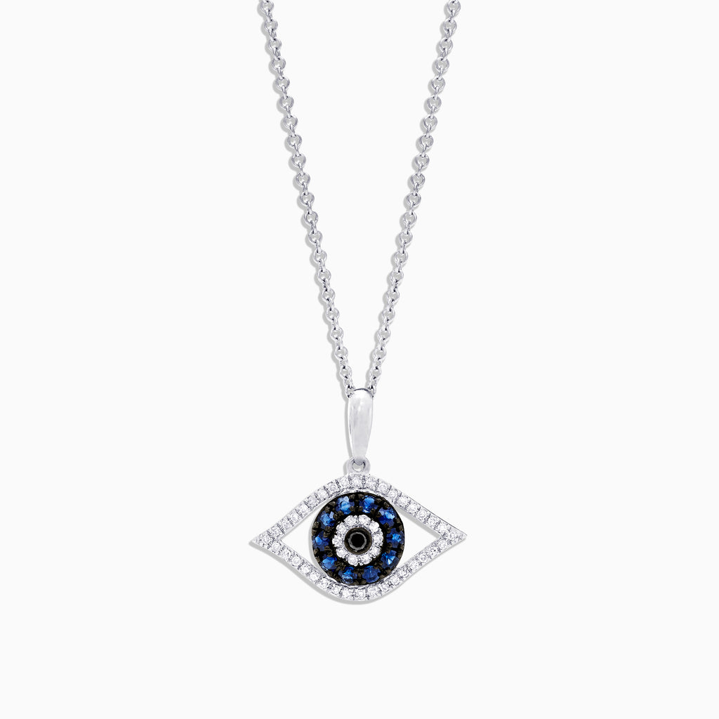 The Novelty 14K White Gold Sapphire & Diamond Evil Eye Pendant (0.42 TCW) features blue sapphires and diamonds in a striking, stylized concentric circle design.
