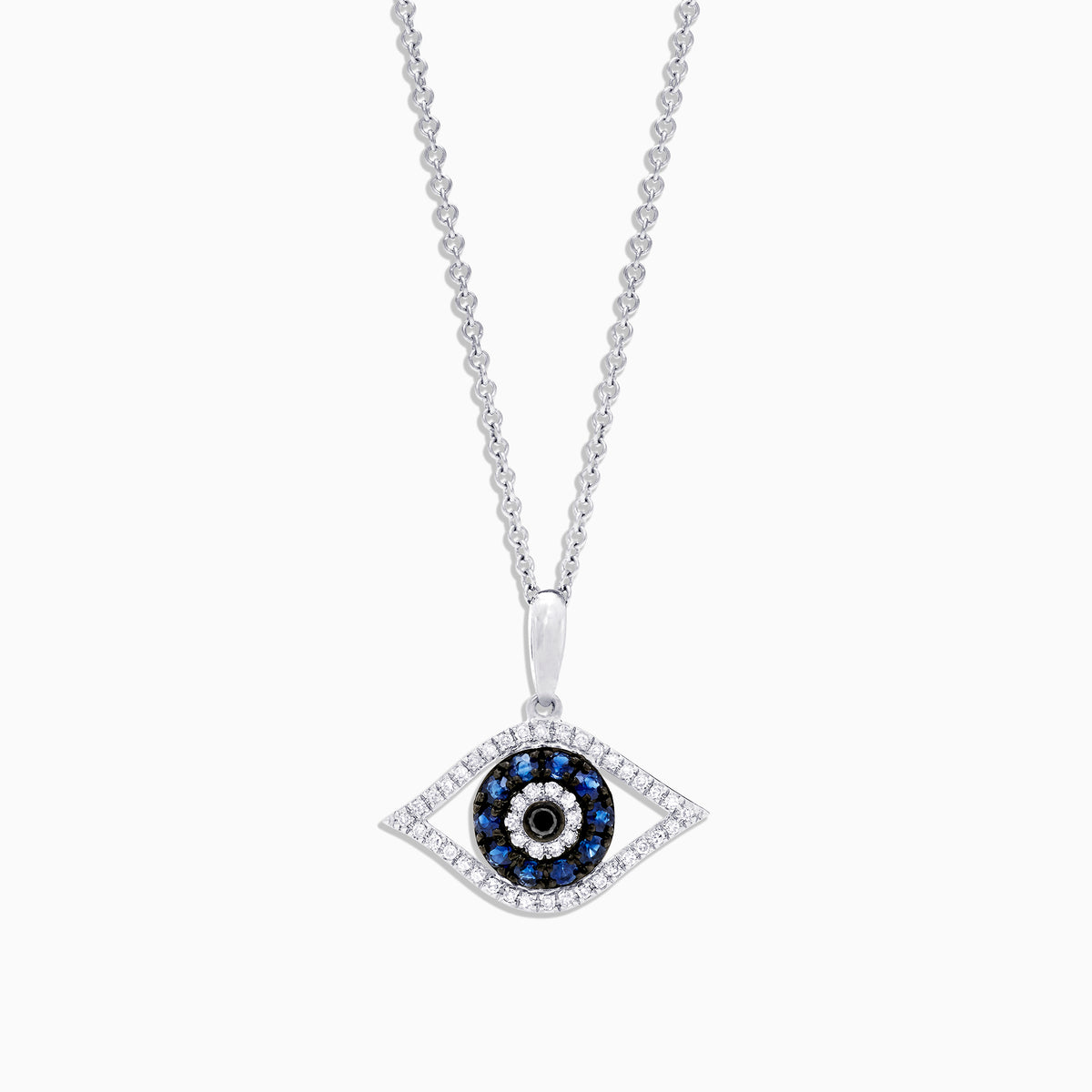 The Novelty 14K White Gold Sapphire & Diamond Evil Eye Pendant (0.42 TCW) features blue sapphires and diamonds in a striking, stylized concentric circle design.