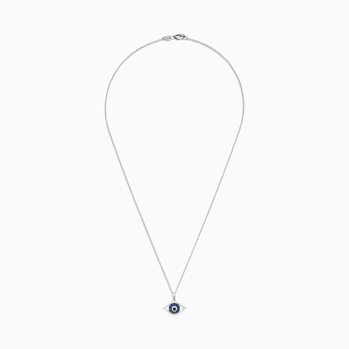 The Novelty 14K White Gold Sapphire & Diamond Evil Eye Pendant (0.42 TCW) features blue sapphires and diamonds in a striking, stylized concentric circle design.