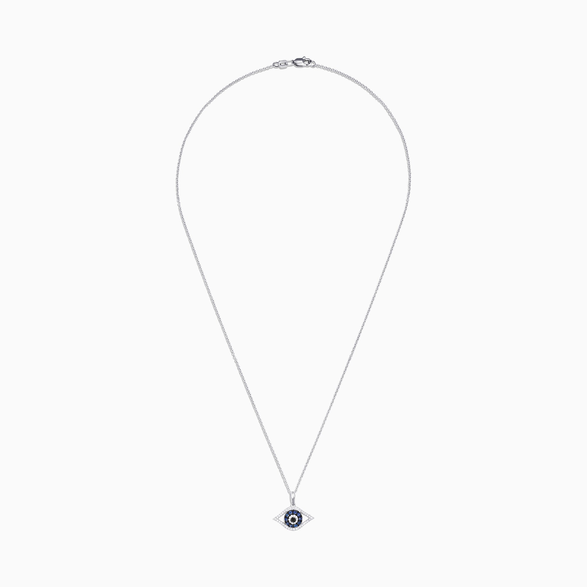 The Novelty 14K White Gold Sapphire & Diamond Evil Eye Pendant (0.42 TCW) features blue sapphires and diamonds in a striking, stylized concentric circle design.