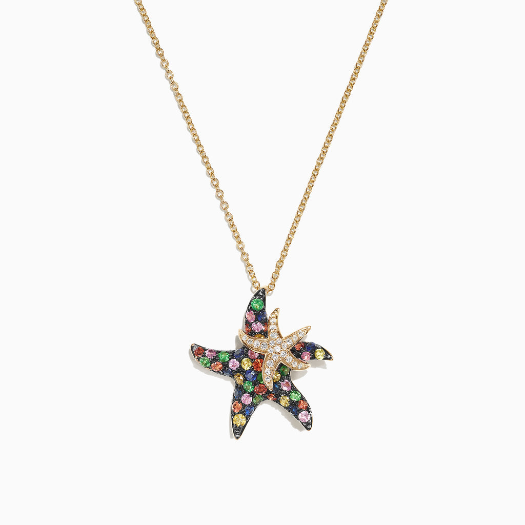 The Watercolors 14K Gold Sapphire & Diamond Starfish Pendant (1.27 TCW) features two overlapping starfish: the larger is set with colorful sapphires, and the smaller sparkles with diamonds.