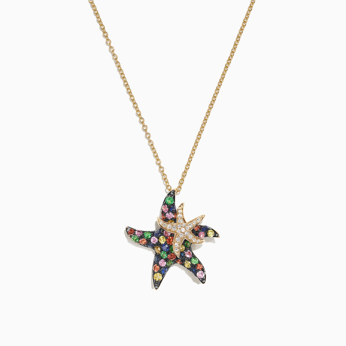 The Watercolors 14K Gold Sapphire & Diamond Starfish Pendant (1.27 TCW) features two overlapping starfish: the larger is set with colorful sapphires, and the smaller sparkles with diamonds.