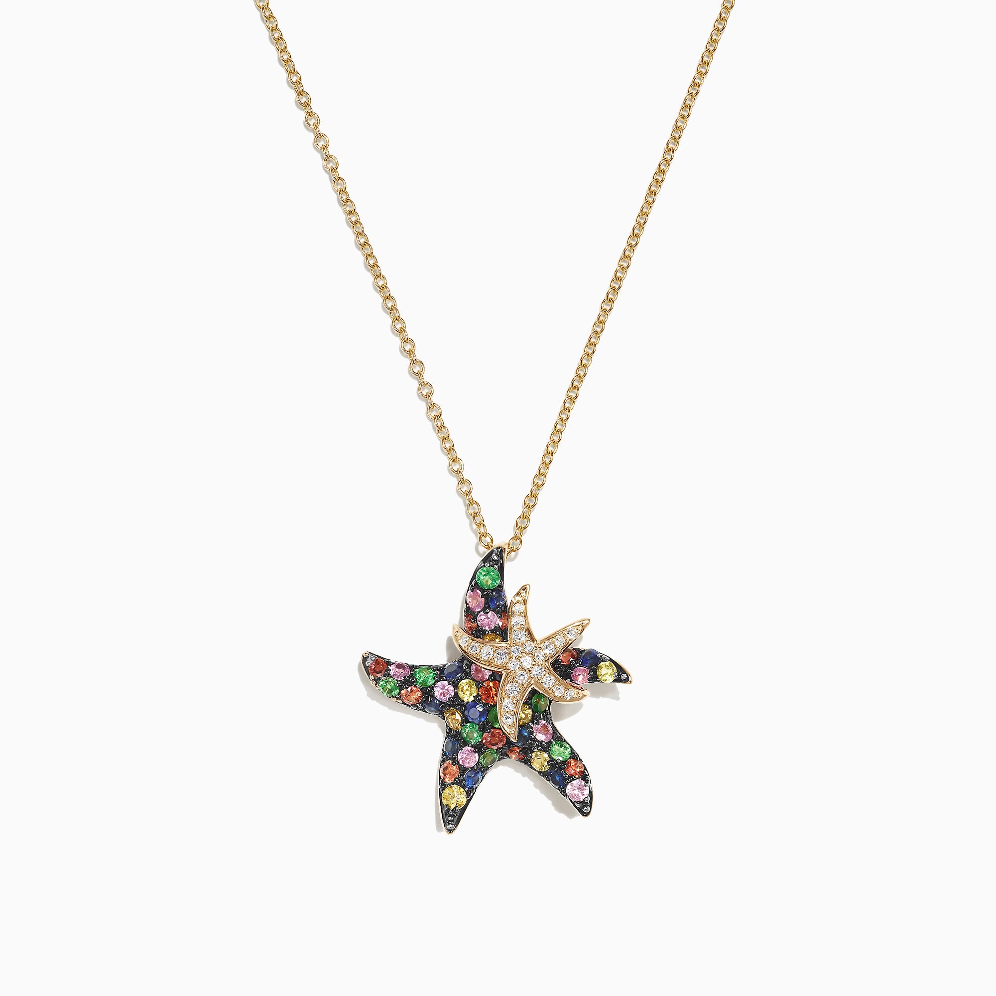 The Watercolors 14K Gold Sapphire & Diamond Starfish Pendant (1.27 TCW) features two overlapping starfish: the larger is set with colorful sapphires, and the smaller sparkles with diamonds.