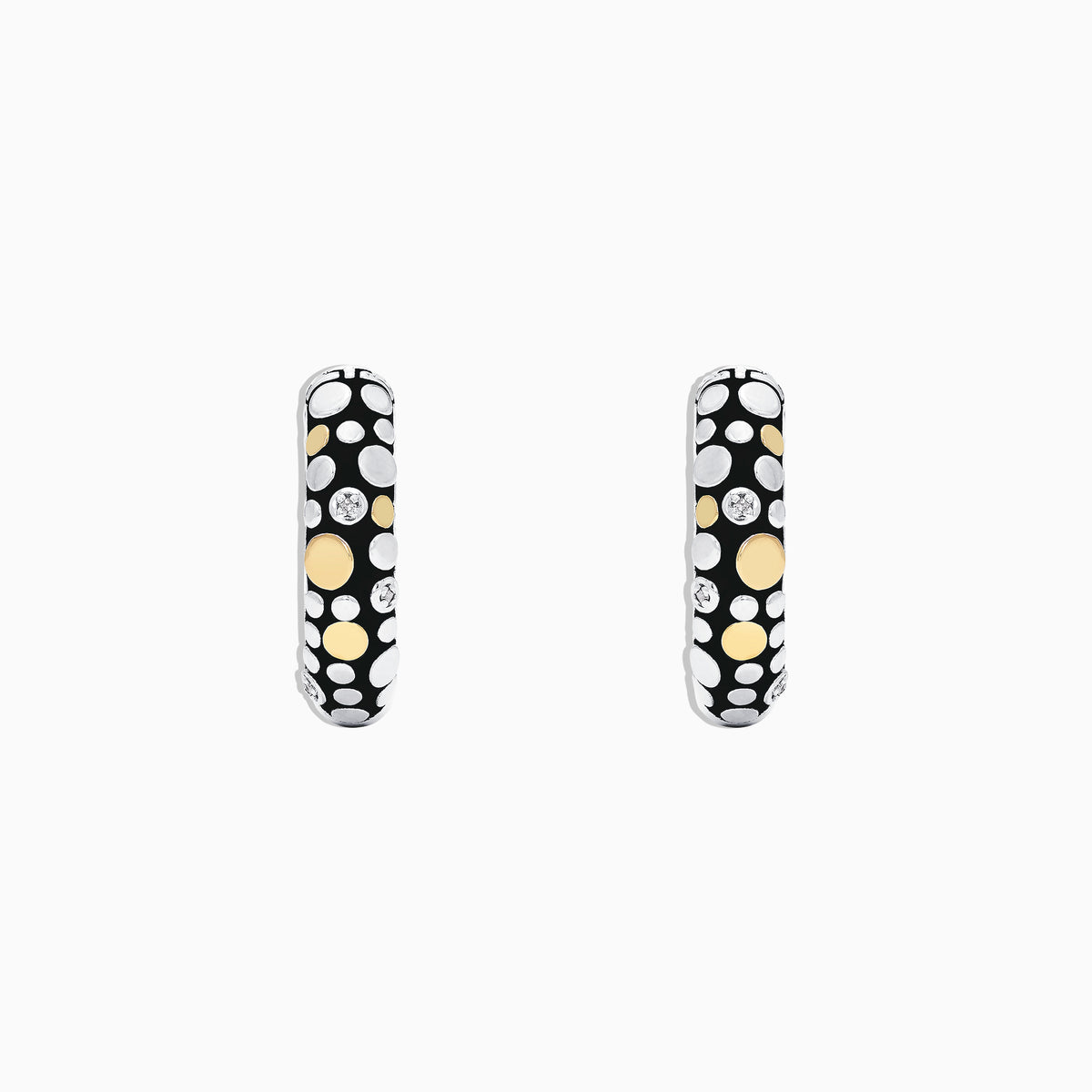 Make a statement with these modern 925 sterling silver & 18K yellow gold diamond hoop earrings (0.02 TCW), featuring a black base adorned with white, yellow gold, and silver dot patterns for bold, standout style.