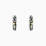 Make a statement with these modern 925 sterling silver & 18K yellow gold diamond hoop earrings (0.02 TCW), featuring a black base adorned with white, yellow gold, and silver dot patterns for bold, standout style.