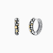 Make a statement with these modern 925 sterling silver & 18K yellow gold diamond hoop earrings (0.02 TCW), featuring a black base adorned with white, yellow gold, and silver dot patterns for bold, standout style.