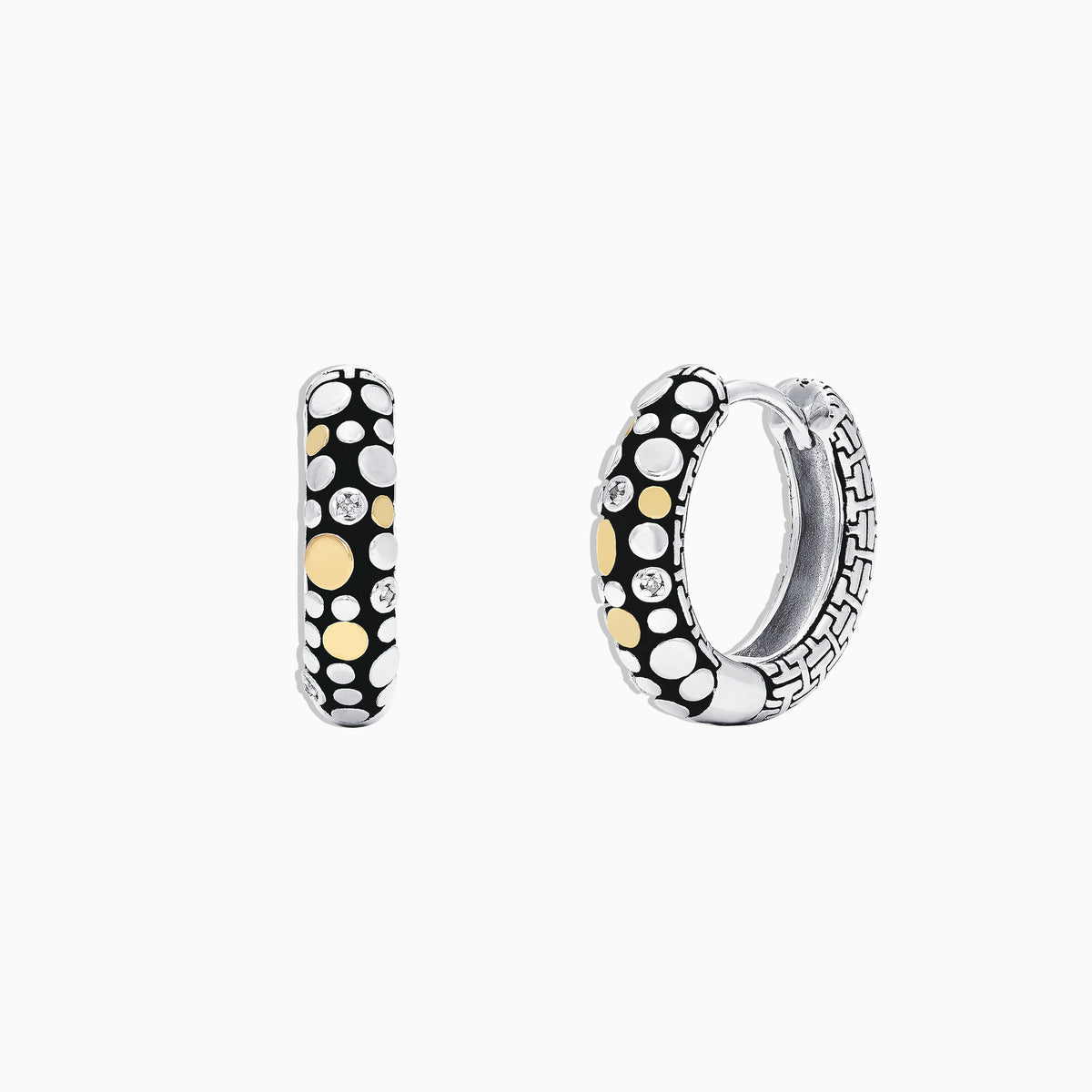 Make a statement with these modern 925 sterling silver & 18K yellow gold diamond hoop earrings (0.02 TCW), featuring a black base adorned with white, yellow gold, and silver dot patterns for bold, standout style.