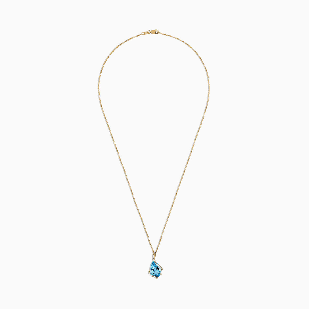 The Ocean Bleu 14K Yellow Gold Pendant features a 6.09 TCW blue topaz framed by sparkling diamonds in an asymmetrical design on a yellow gold chain, set against a white background.