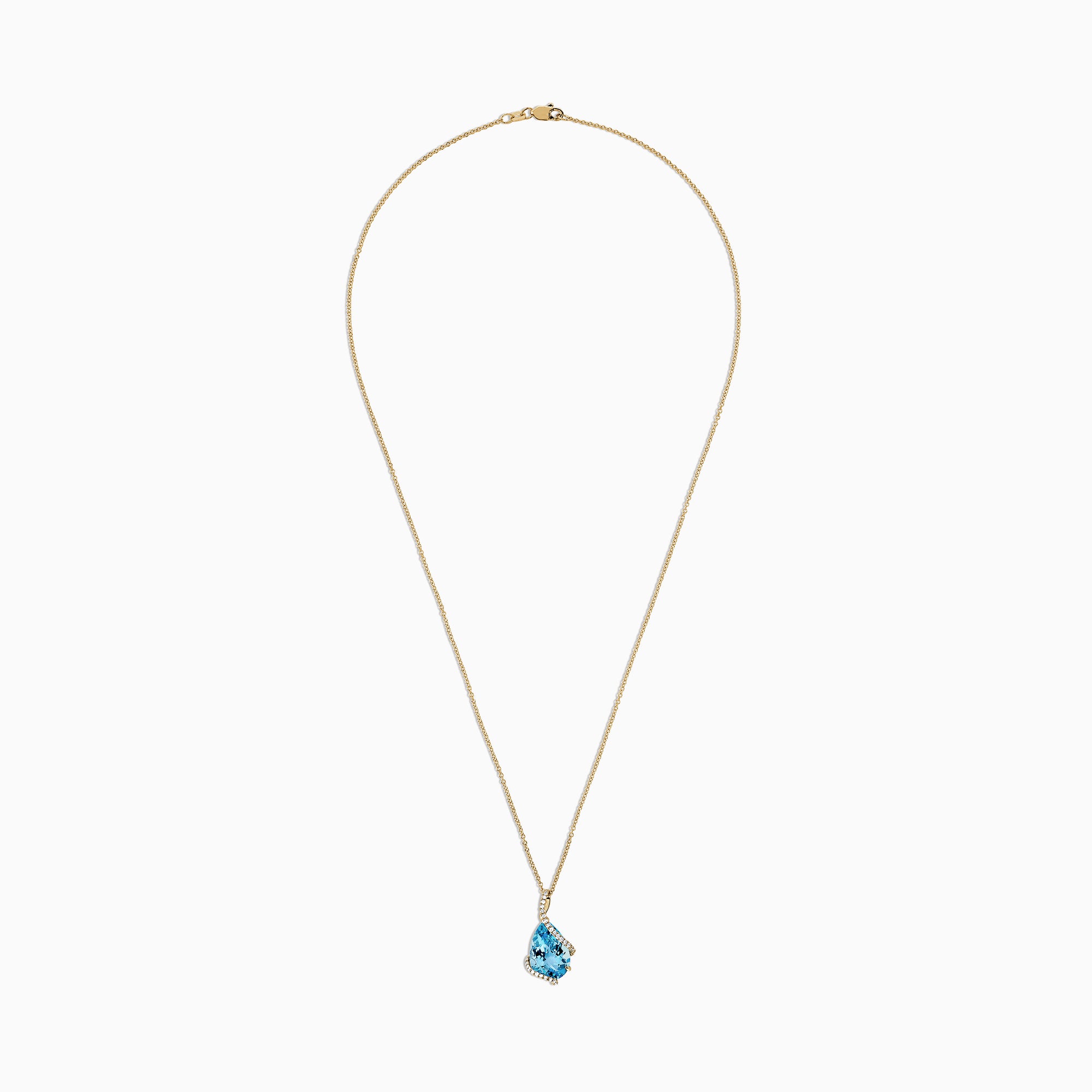 The Ocean Bleu 14K Yellow Gold Pendant features a 6.09 TCW blue topaz framed by sparkling diamonds in an asymmetrical design on a yellow gold chain, set against a white background.