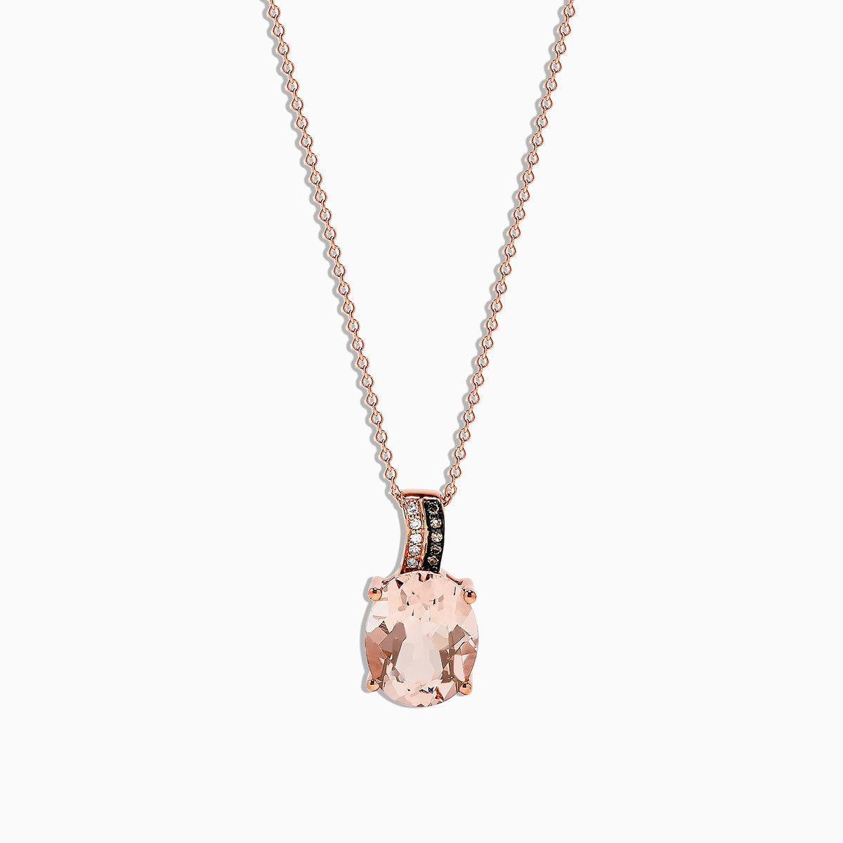 A 14K rose gold necklace featuring a 3.13 morganite pendant accented with a row of sparkling diamonds on the bail, shown on a fine chain against a white background.