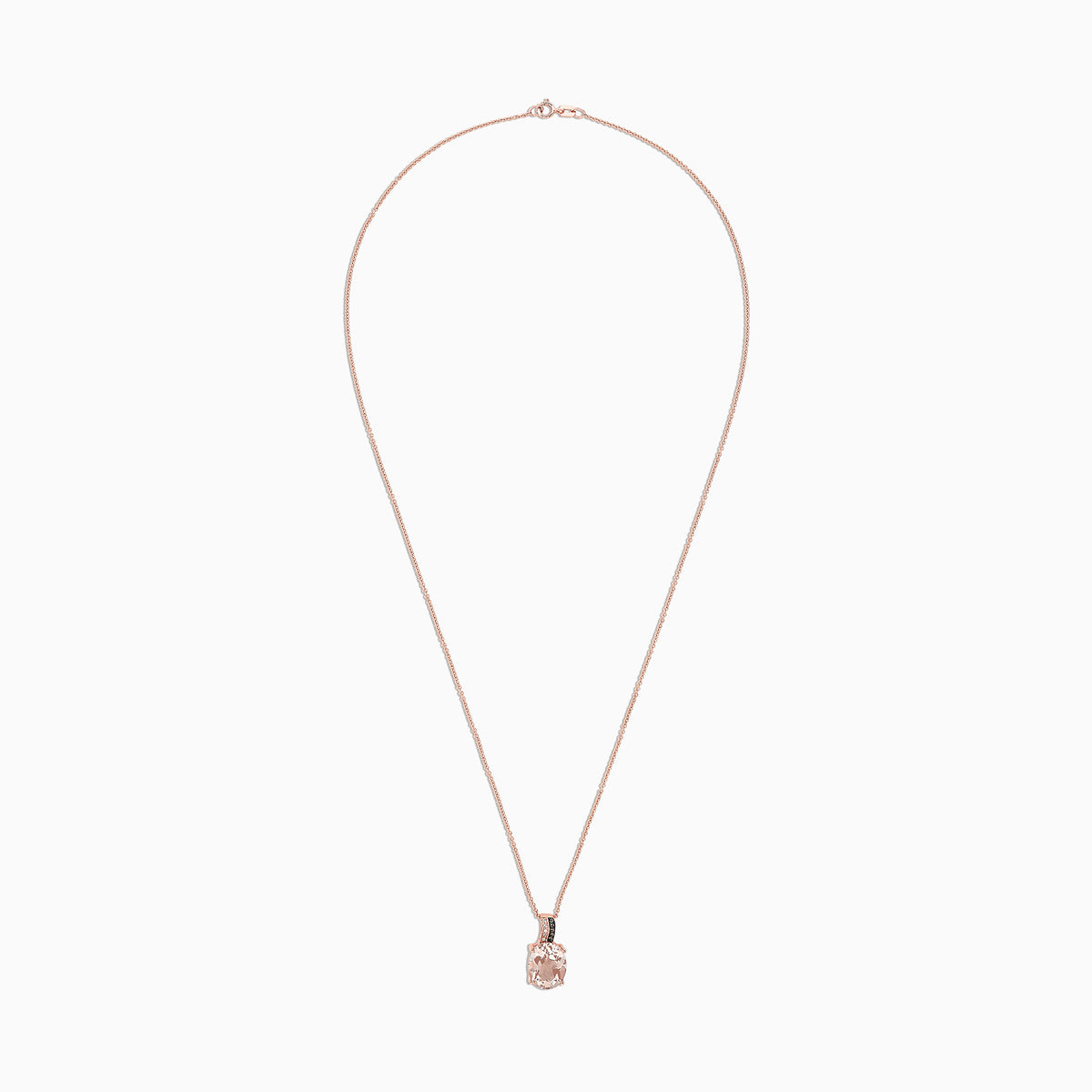 A 14K rose gold necklace featuring a 3.13 morganite pendant accented with a row of sparkling diamonds on the bail, shown on a fine chain against a white background.