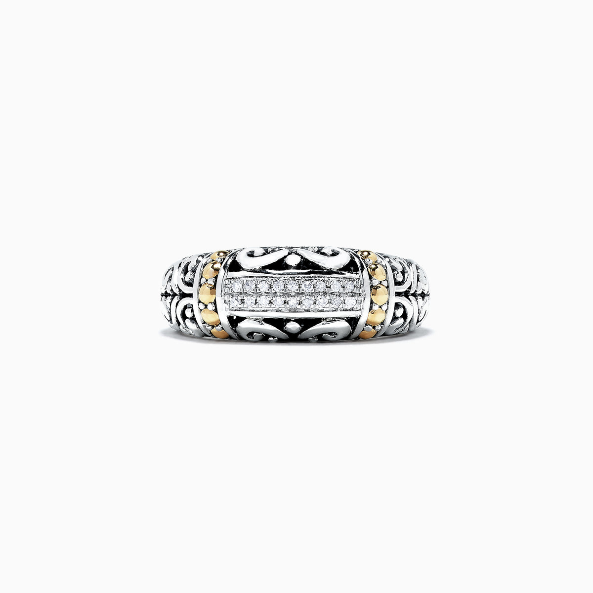 The 925 Classic Silver & Gold Diamond Ring, .07 TCW, features intricate scrollwork and a row of sparkling diamonds at the center, displayed against a white background.