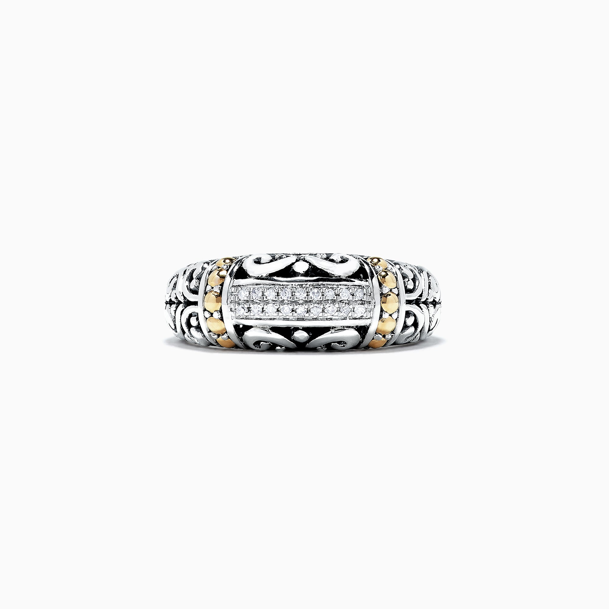 The 925 Classic Silver & Gold Diamond Ring, .07 TCW, features intricate scrollwork and a row of sparkling diamonds at the center, displayed against a white background.