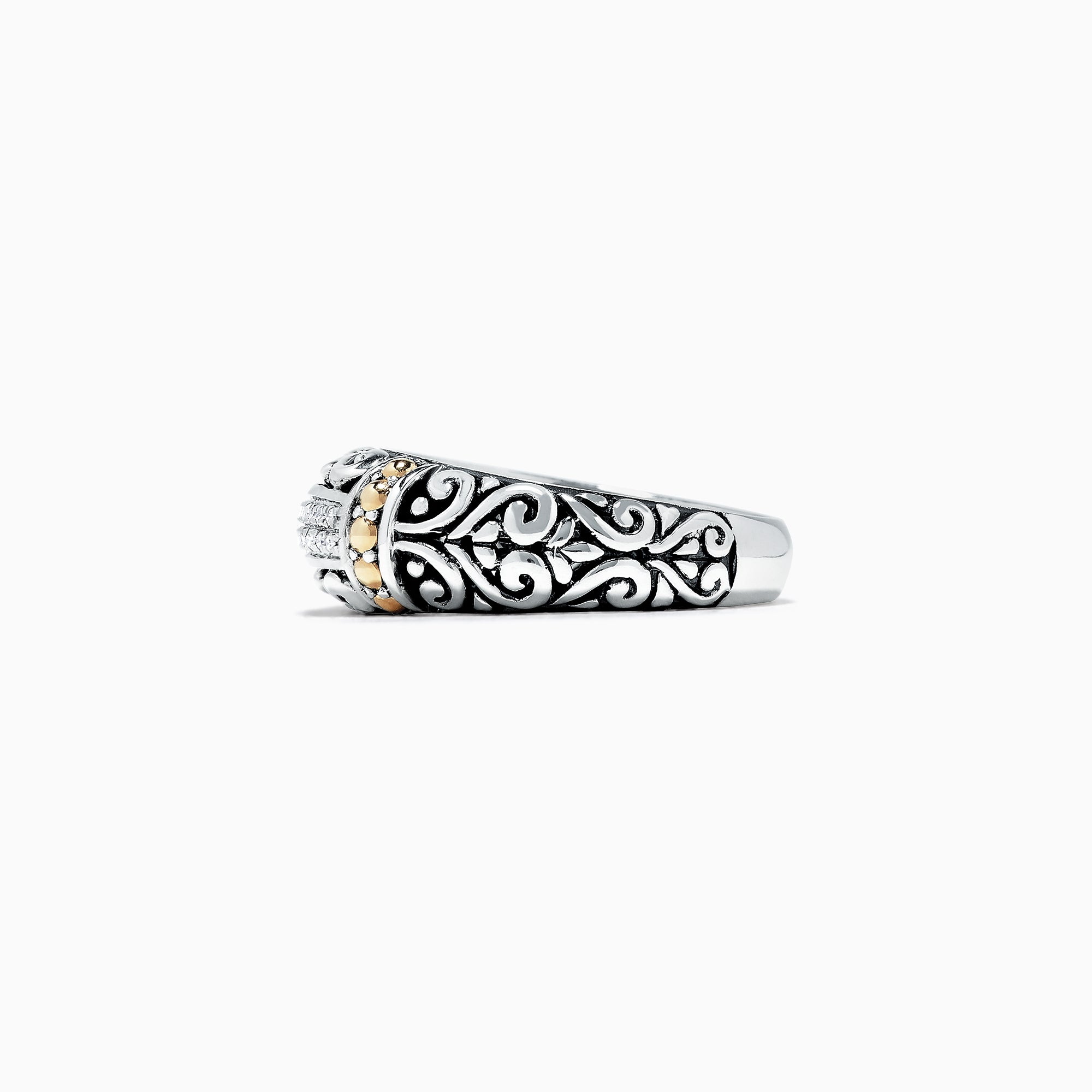 The 925 Classic Silver & Gold Diamond Ring, .07 TCW, features intricate scrollwork and a row of sparkling diamonds at the center, displayed against a white background.