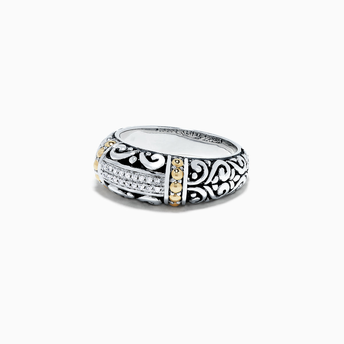 The 925 Classic Silver & Gold Diamond Ring, .07 TCW, features intricate scrollwork and a row of sparkling diamonds at the center, displayed against a white background.