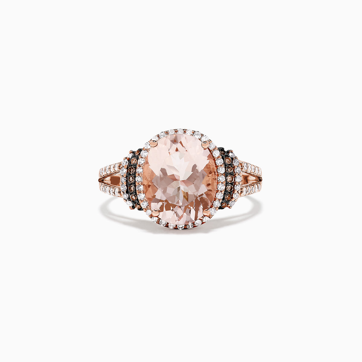 The 14K Rose Gold Morganite and Diamond Ring, 3.42 TCW, showcases a striking oval morganite center stone encircled by a double halo of white and black diamonds, with additional sparkling diamonds on the split shank.