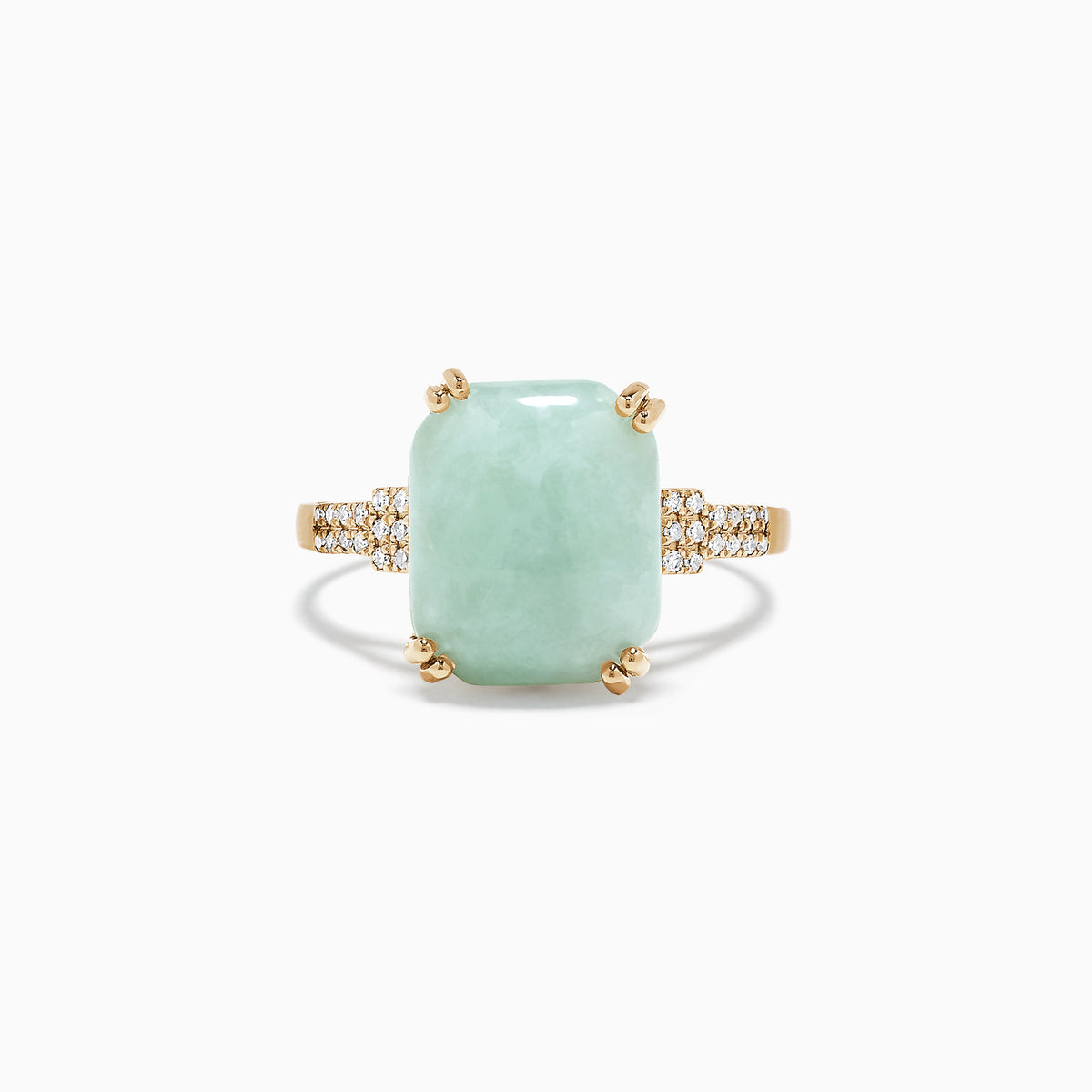 An Effy 14K yellow gold ring with a large rectangular jade center (6.81 TCW) accented by round diamonds on the band.