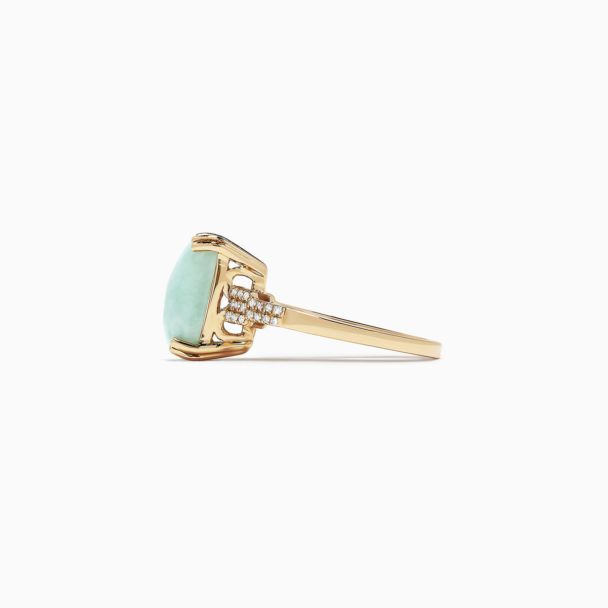 An Effy 14K yellow gold ring with a large rectangular jade center (6.81 TCW) accented by round diamonds on the band.
