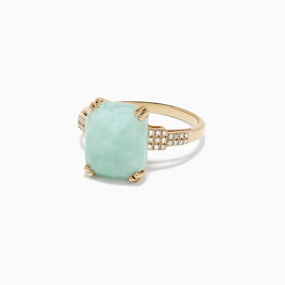 An Effy 14K yellow gold ring with a large rectangular jade center (6.81 TCW) accented by round diamonds on the band.