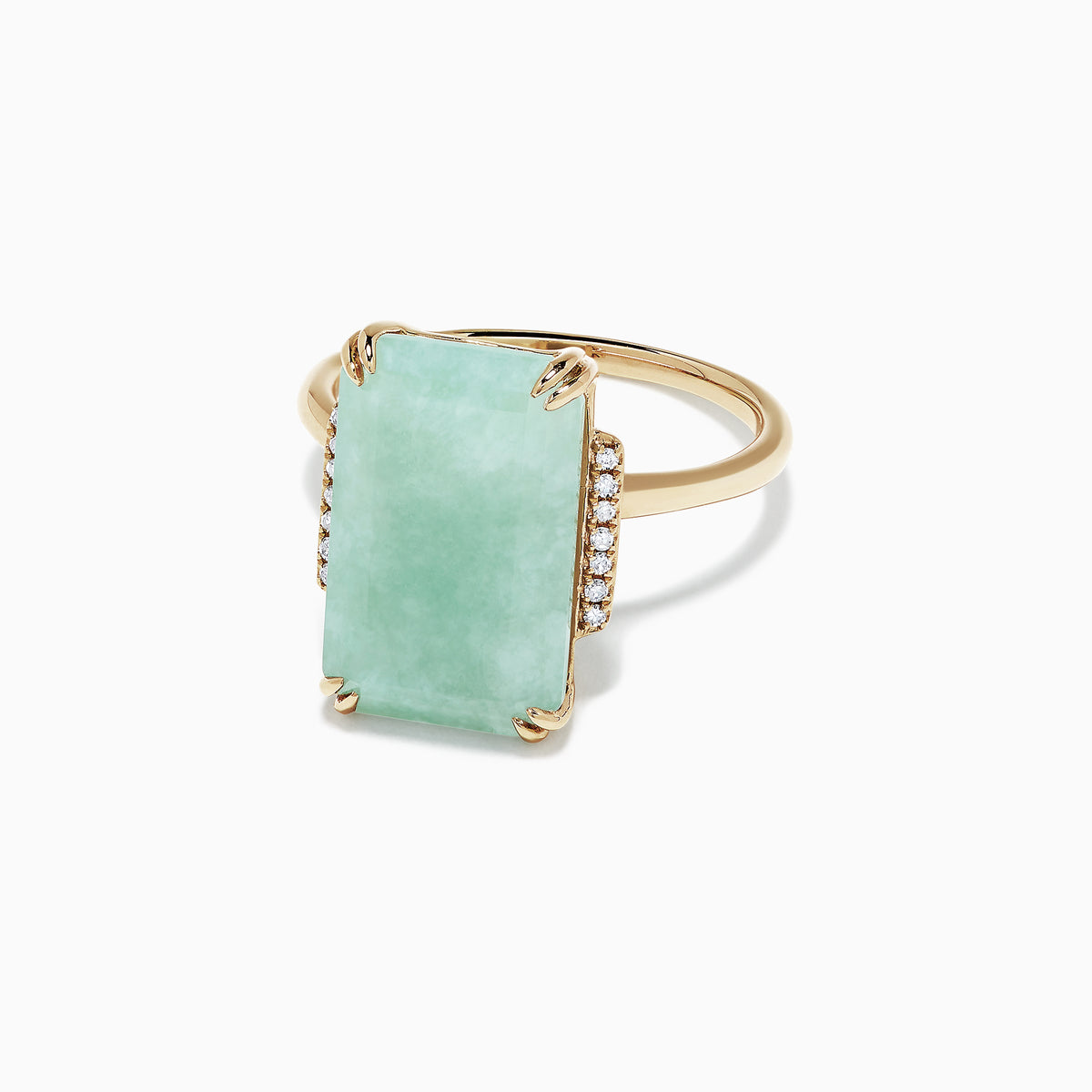 The 14K Yellow Gold Jade and Diamond Ring, 11.56 TCW, showcases a large rectangular jade center accented by sparkling round diamonds on each side, set against a white background.