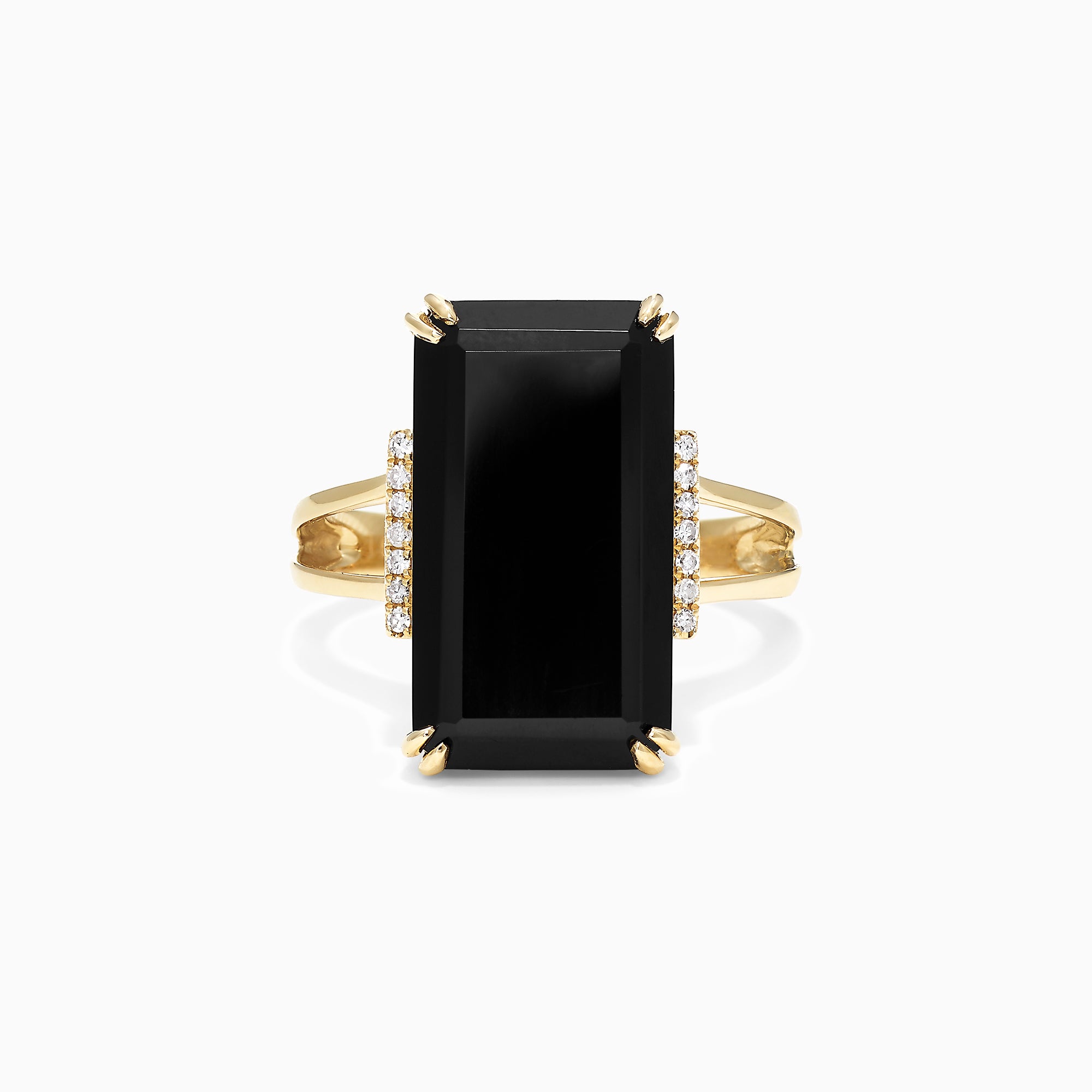 The Eclipse 14K Yellow Gold Onyx and Diamond Ring, 9.65 TCW, features a striking rectangular black onyx framed by vertical rows of sparkling white diamonds.