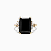 The Eclipse 14K Yellow Gold Onyx and Diamond Ring, 6.73 TCW, features a striking rectangular black onyx center accented by baguette and round diamonds, all set on a polished yellow gold band.