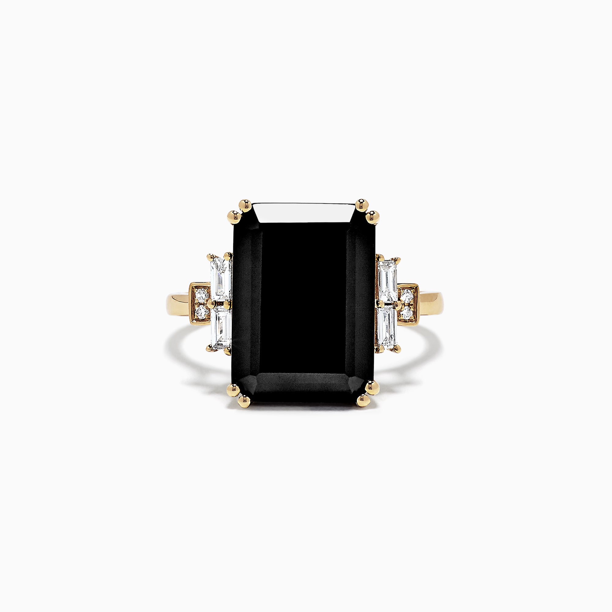 The Eclipse 14K Yellow Gold Onyx and Diamond Ring, 6.73 TCW, features a striking rectangular black onyx center accented by baguette and round diamonds, all set on a polished yellow gold band.
