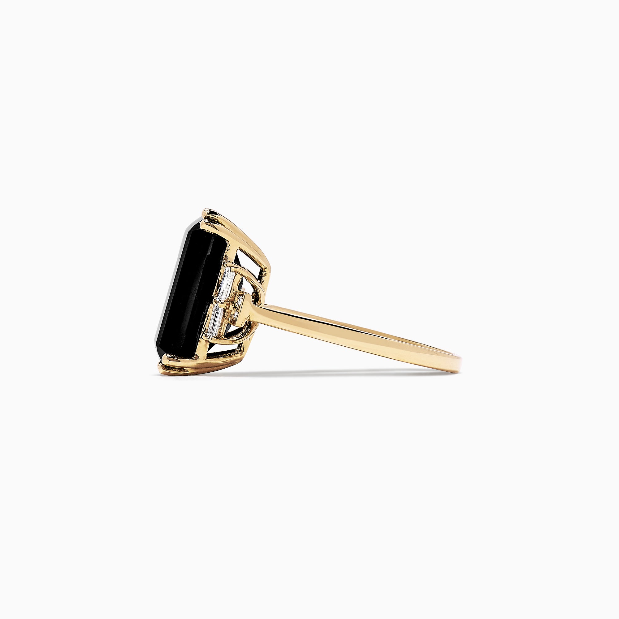 The Eclipse 14K Yellow Gold Onyx and Diamond Ring, 6.73 TCW, features a striking rectangular black onyx center accented by baguette and round diamonds, all set on a polished yellow gold band.