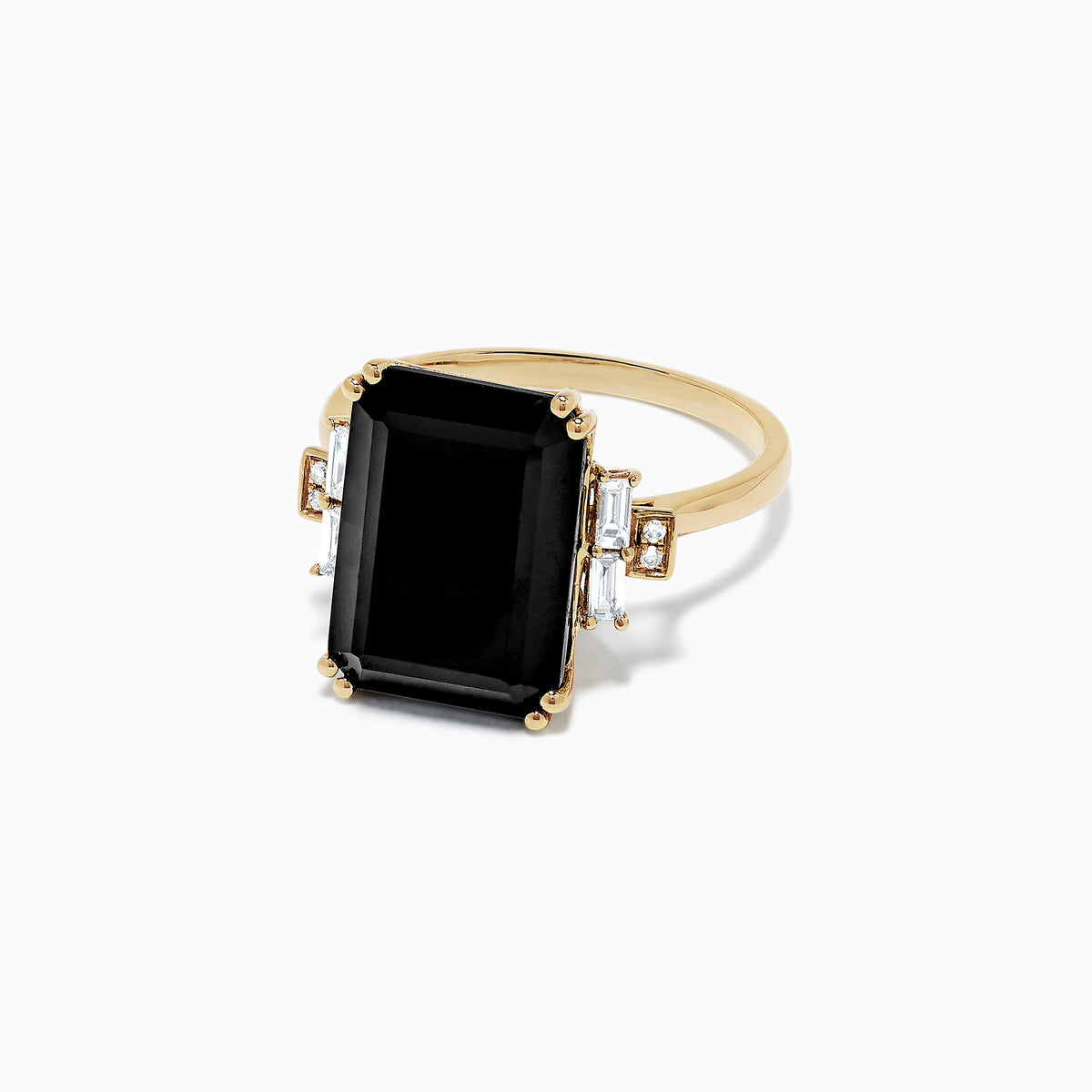The Eclipse 14K Yellow Gold Onyx and Diamond Ring, 6.73 TCW, features a striking rectangular black onyx center accented by baguette and round diamonds, all set on a polished yellow gold band.