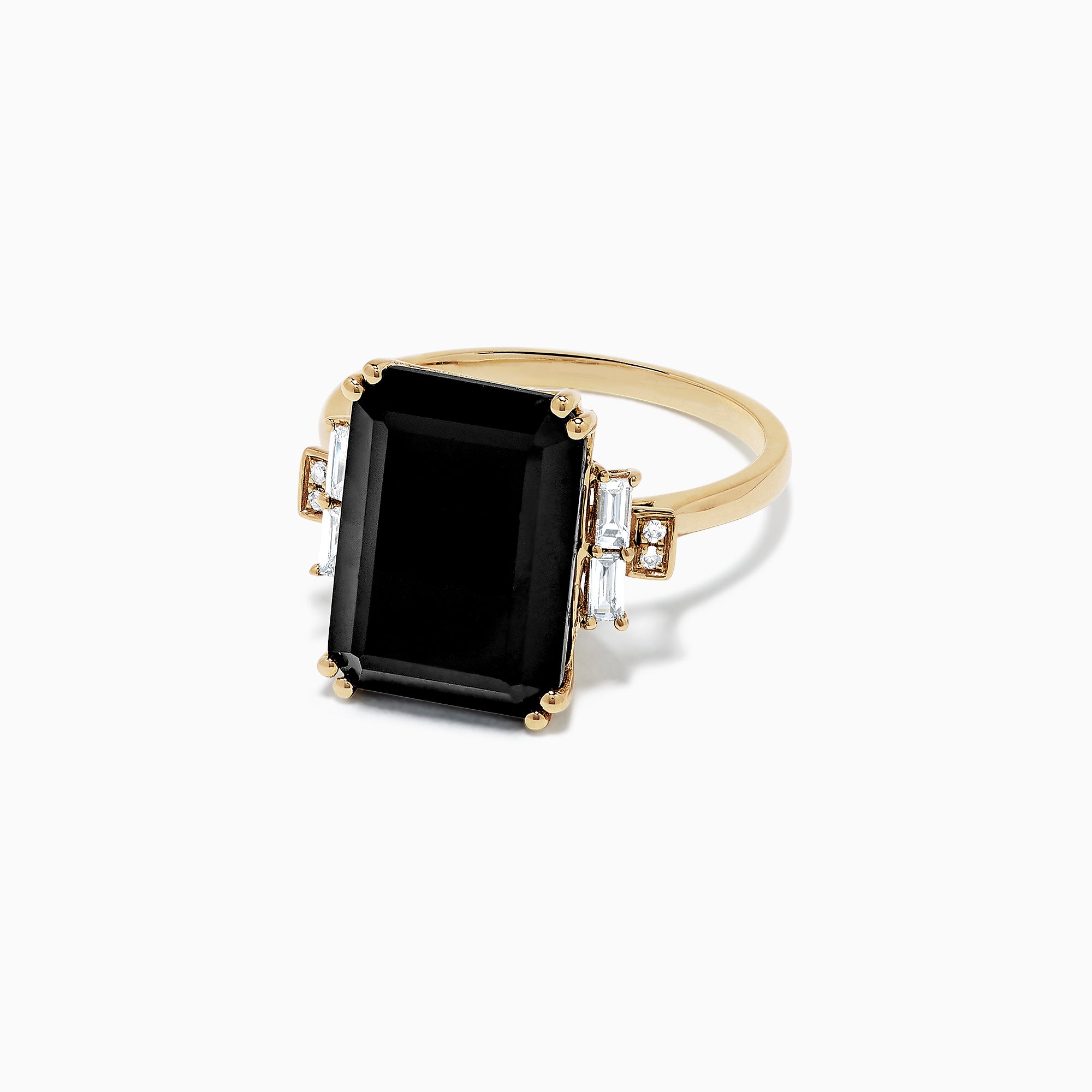 The Eclipse 14K Yellow Gold Onyx and Diamond Ring, 6.73 TCW, features a striking rectangular black onyx center accented by baguette and round diamonds, all set on a polished yellow gold band.