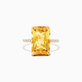 The Sunset 14K Yellow Gold Citrine and Diamond Ring, 6.72 TCW, features a large rectangular citrine center stone with small round diamonds set on a slim band, shown against a white background.
