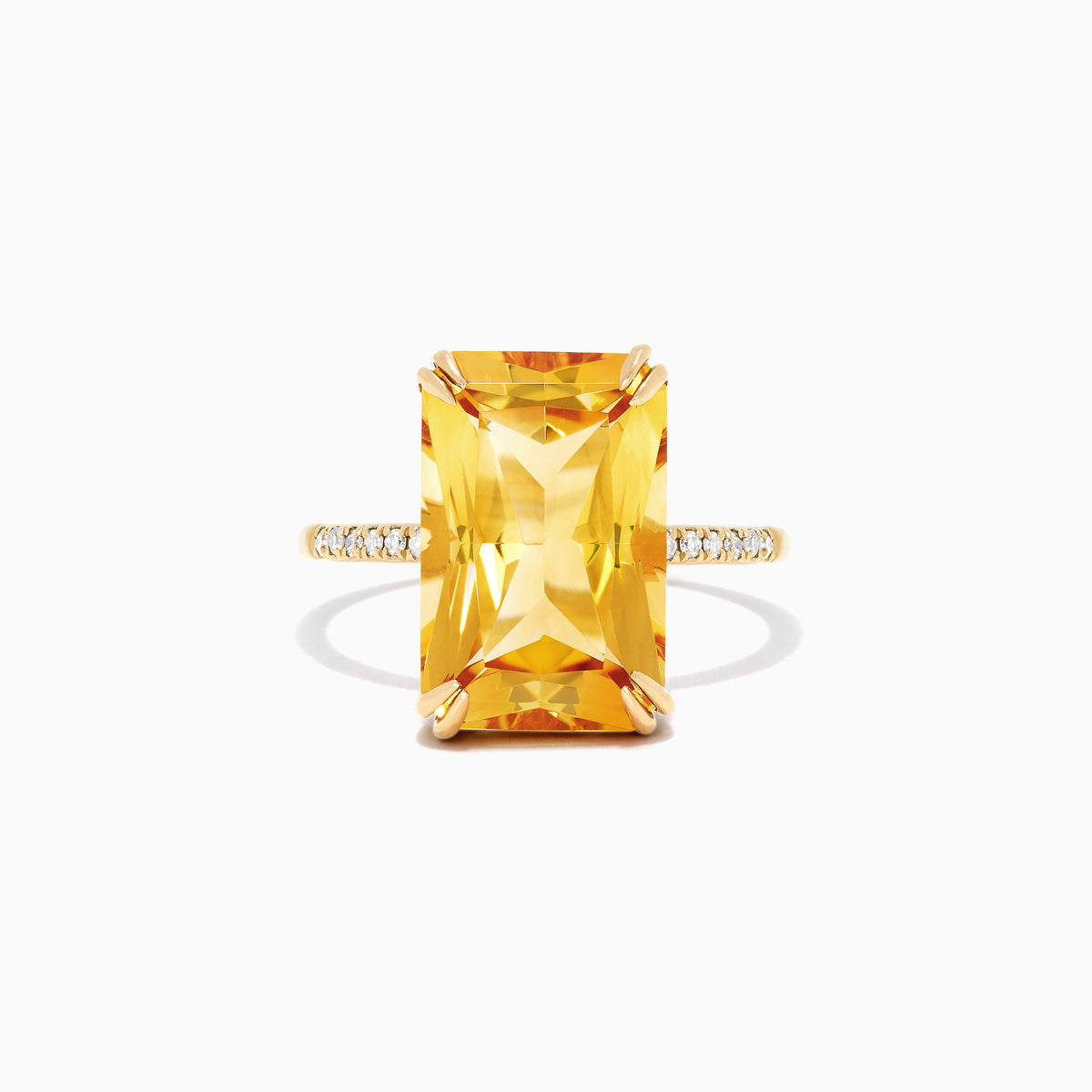 The Sunset 14K Yellow Gold Citrine and Diamond Ring, 6.72 TCW, features a large rectangular citrine center stone with small round diamonds set on a slim band, shown against a white background.