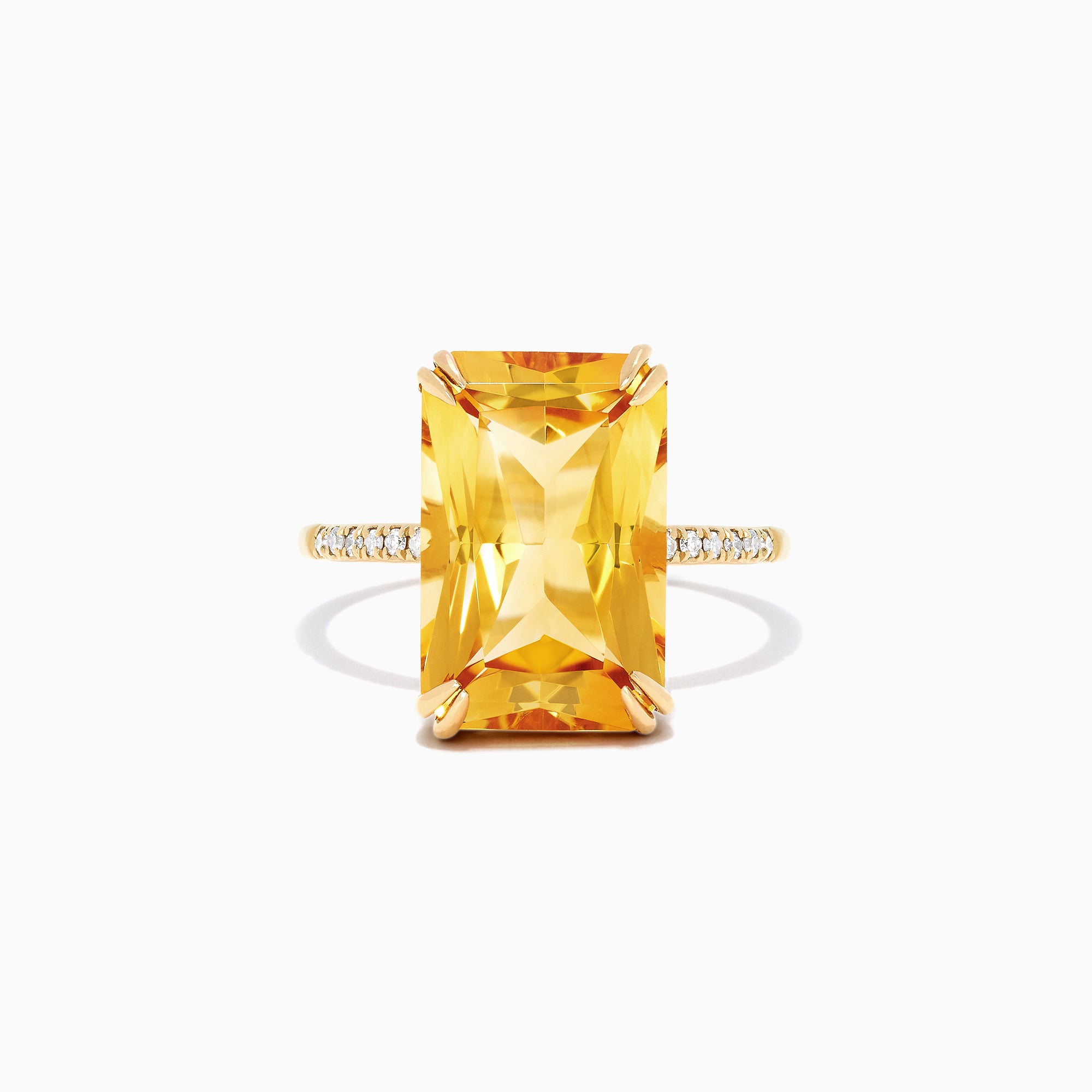 The Sunset 14K Yellow Gold Citrine and Diamond Ring, 6.72 TCW, features a large rectangular citrine center stone with small round diamonds set on a slim band, shown against a white background.