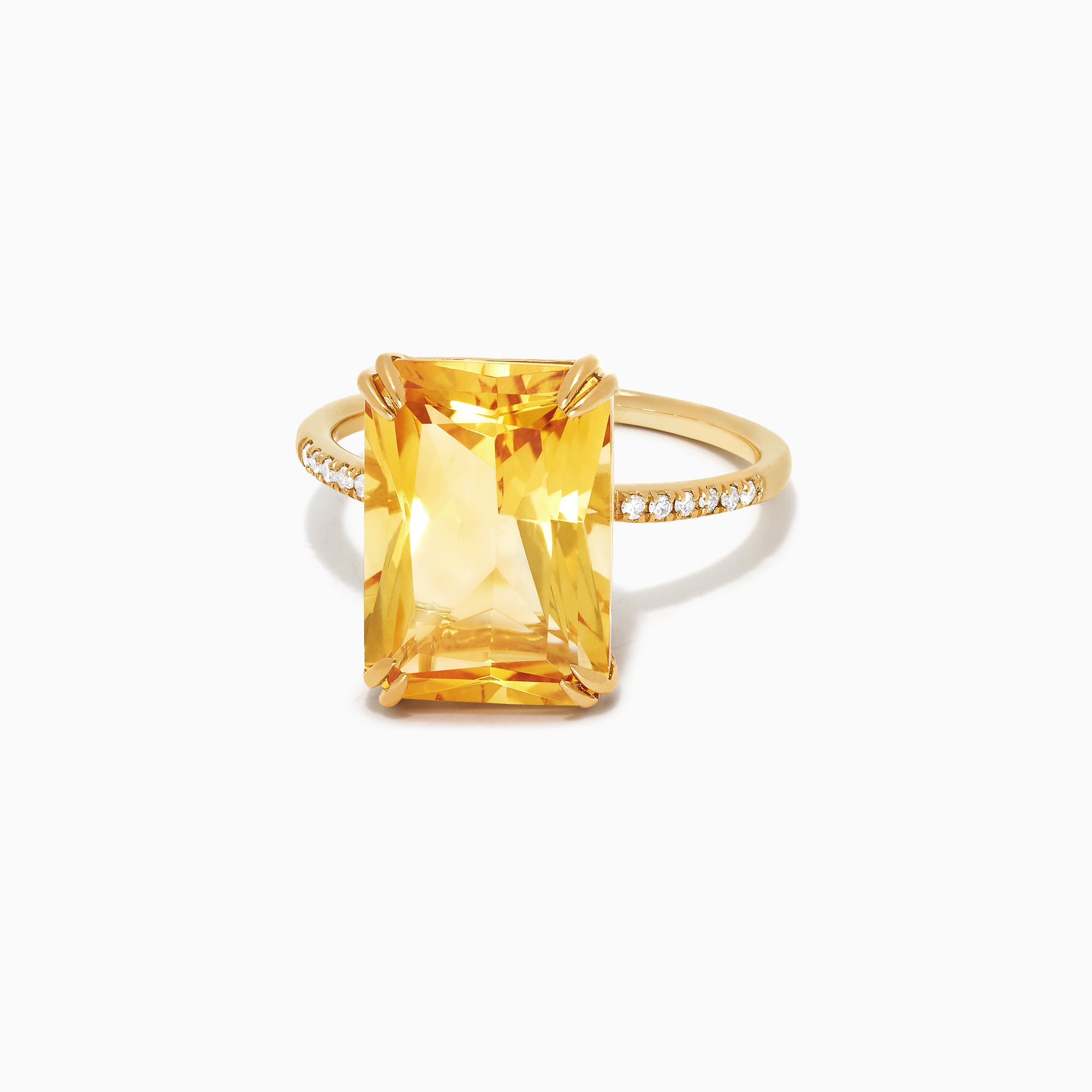 The Sunset 14K Yellow Gold Citrine and Diamond Ring, 6.72 TCW, features a large rectangular citrine center stone with small round diamonds set on a slim band, shown against a white background.