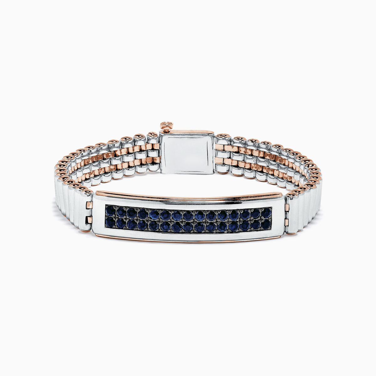 The Mens Sterling Silver and Rose Gold Black Sapphire Bracelet, 4.20 TCW, features a rectangular centerpiece with rows of black sapphires on silver and rose gold links, displayed against a white background.