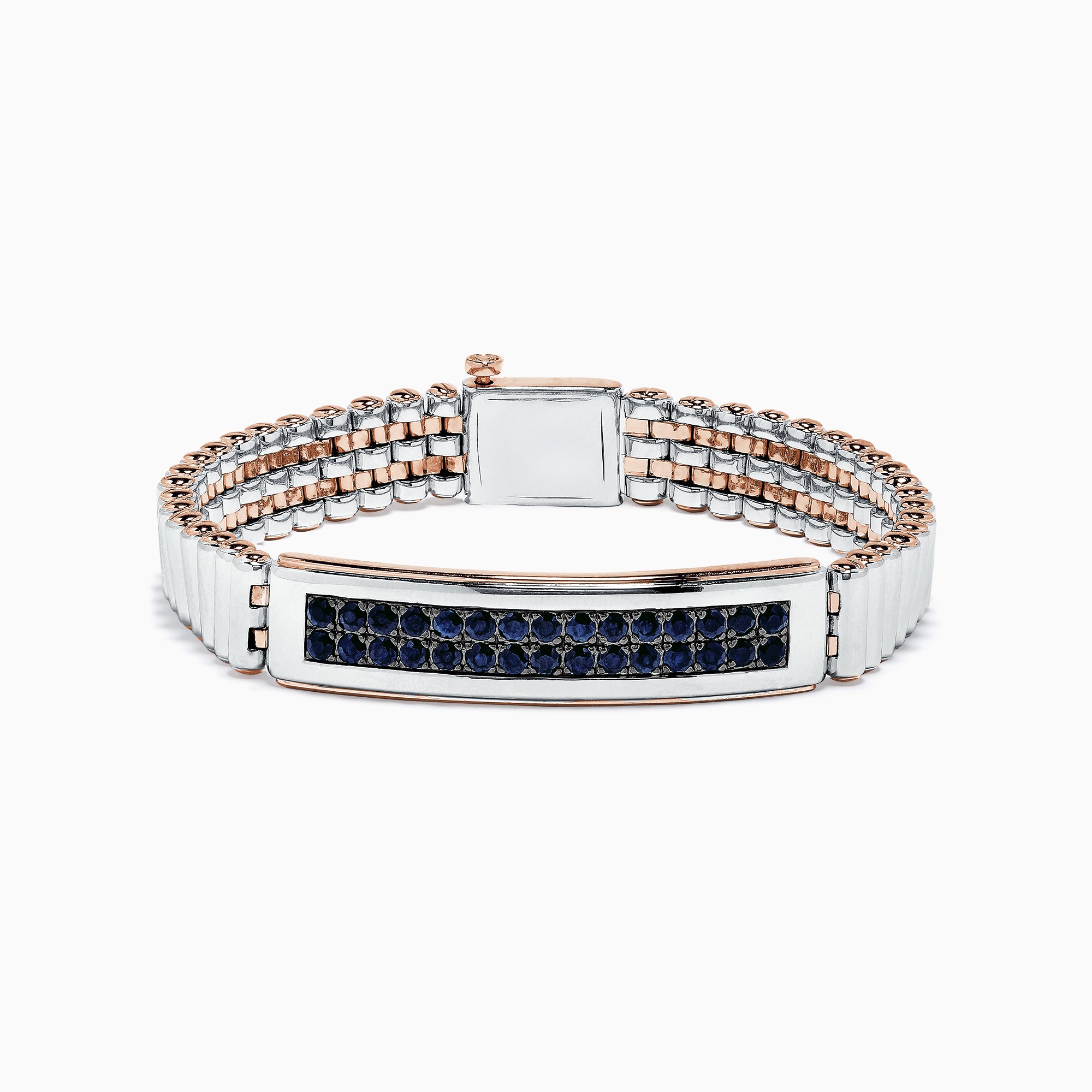 The Mens Sterling Silver and Rose Gold Black Sapphire Bracelet, 4.20 TCW, features a rectangular centerpiece with rows of black sapphires on silver and rose gold links, displayed against a white background.